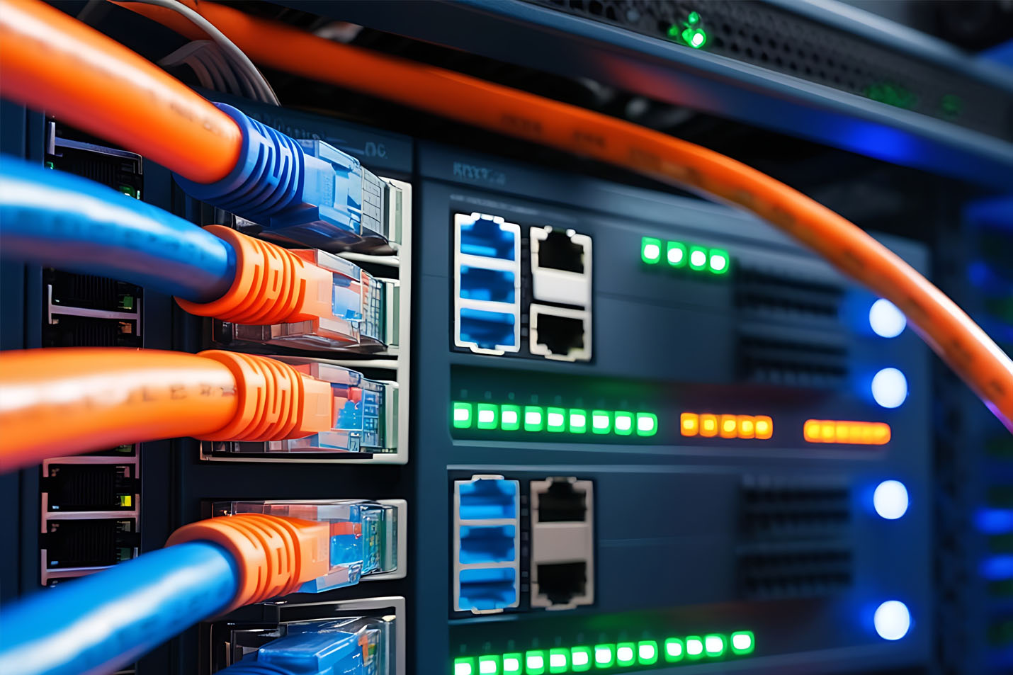Ethernet cords plugged into a network device