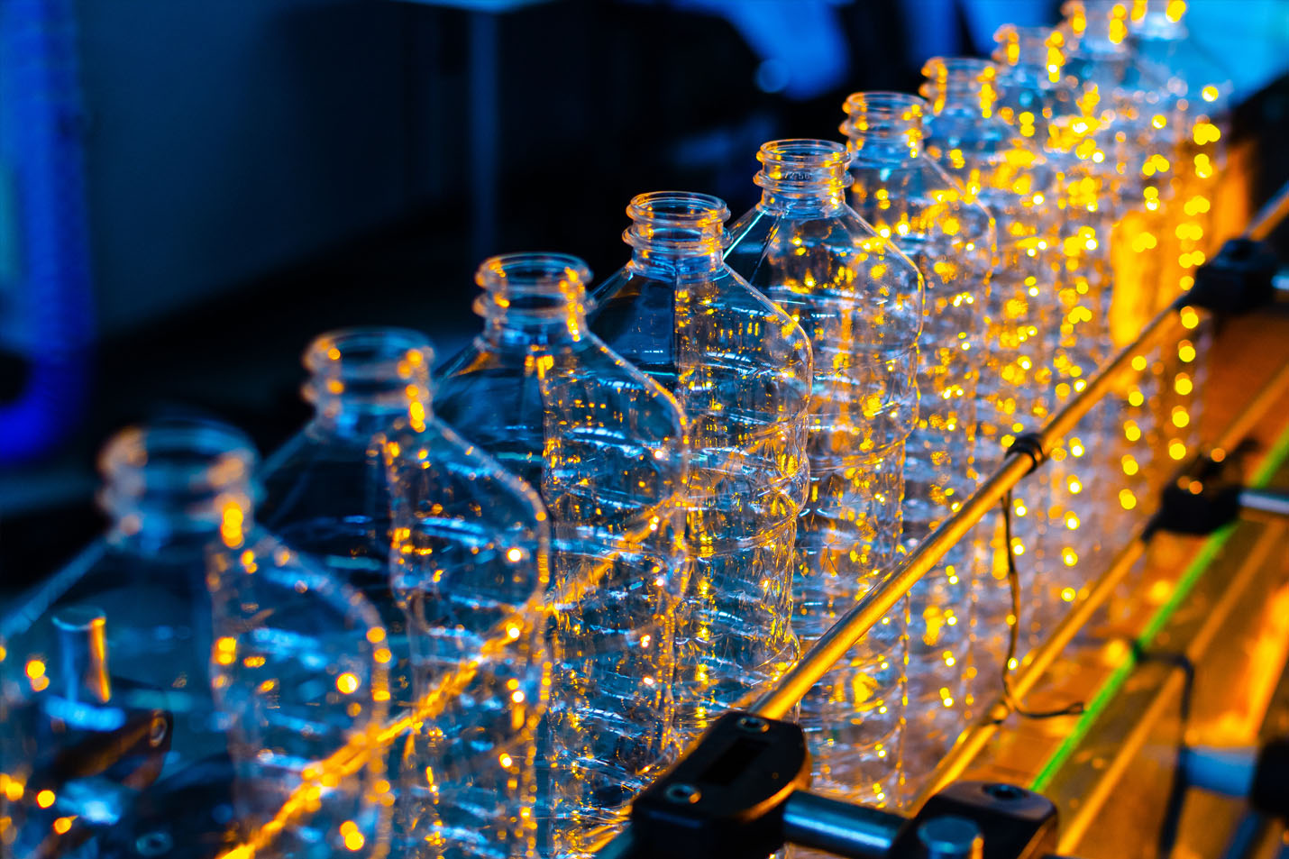 Plastic bottles on an assembly line