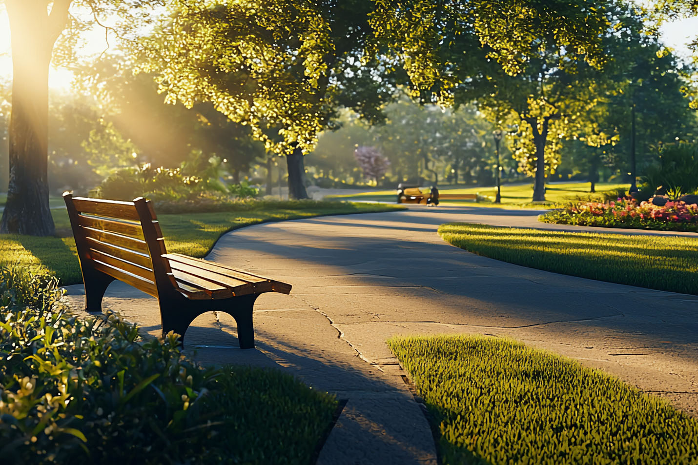A park bench sitting in a beautiful park