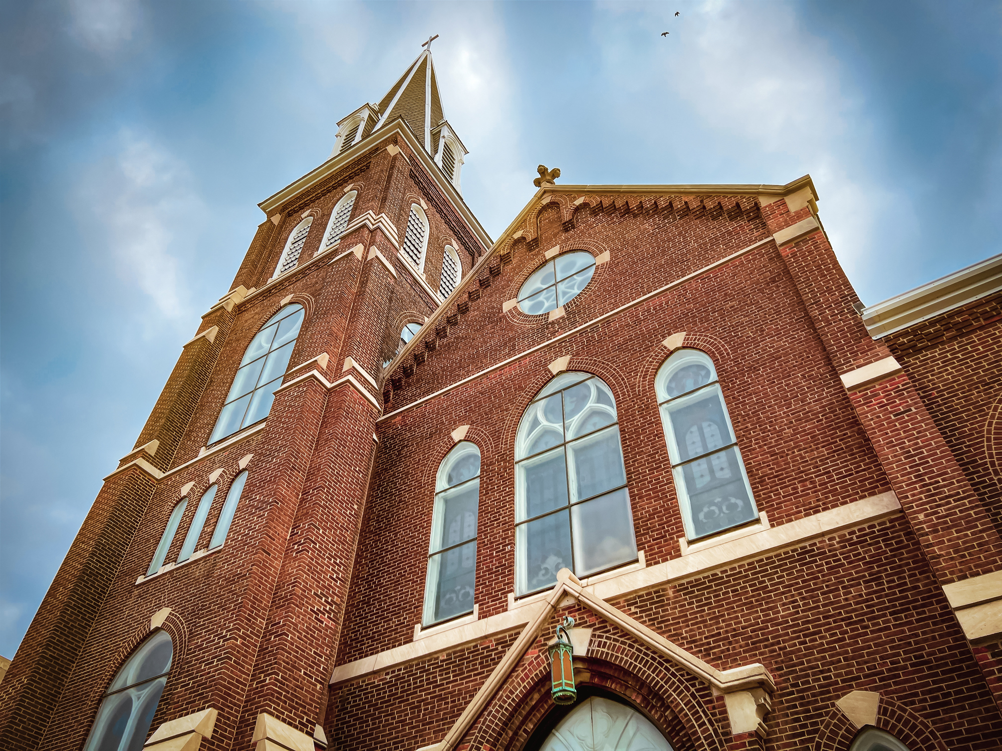 The front of a historic church